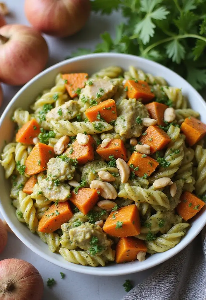 28 Chicken Pesto Pasta Recipes That Taste Bright & Herby 23 28 Chicken Pesto Pasta Recipes That Taste Bright & Herby - 22. Chicken Pesto Pasta with Sweet Potatoes