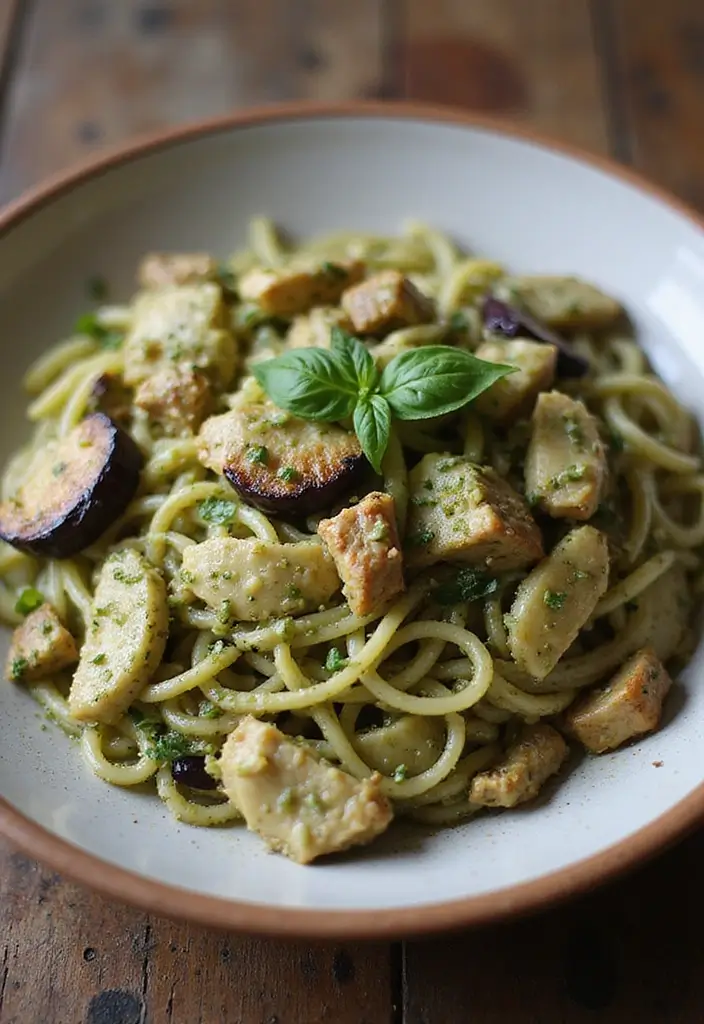 28 Chicken Pesto Pasta Recipes That Taste Bright & Herby 24 28 Chicken Pesto Pasta Recipes That Taste Bright & Herby - 23. Chicken Pesto Pasta with Eggplant