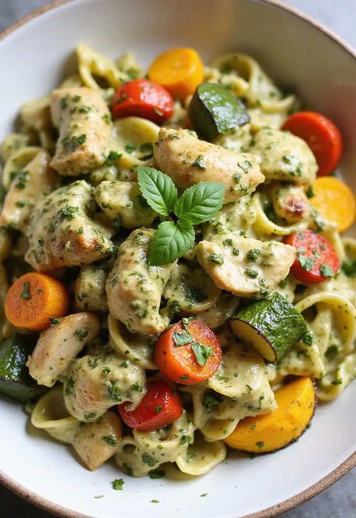 30 Creamy Pesto Chicken Pasta Recipes That Feel Fresh & Filling 13 30 Creamy Pesto Chicken Pasta Recipes That Feel Fresh & Filling - 12. Creamy Pesto Chicken Pasta with Roasted Veggies