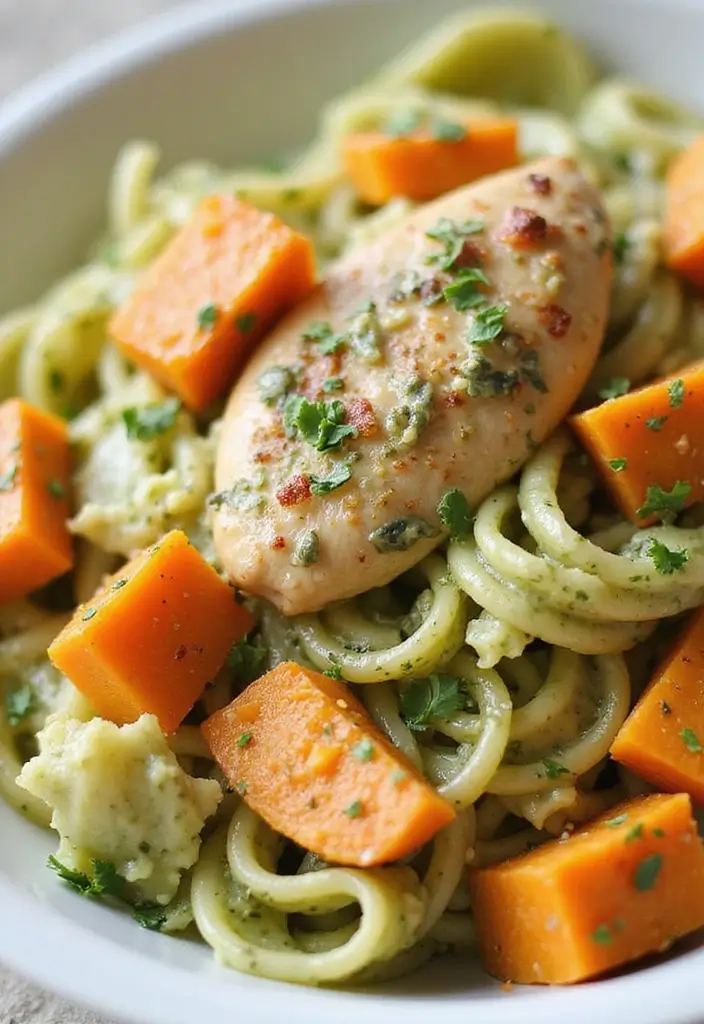 30 Creamy Pesto Chicken Pasta Recipes That Feel Fresh & Filling 18 30 Creamy Pesto Chicken Pasta Recipes That Feel Fresh & Filling - 17. Creamy Pesto Chicken Pasta with Sweet Potatoes