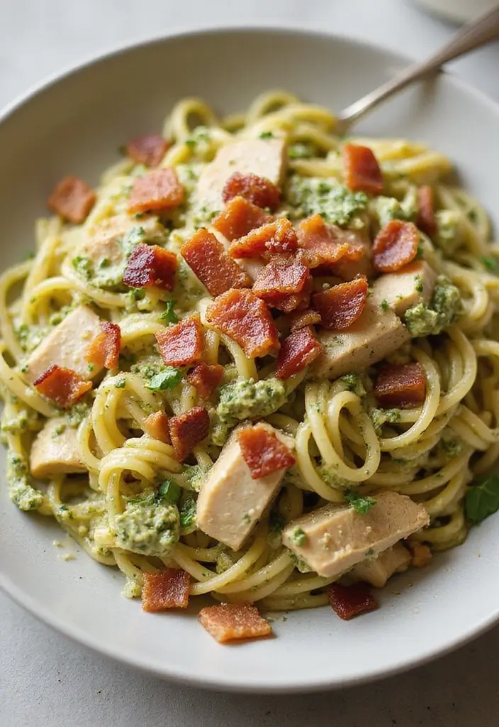 30 Creamy Pesto Chicken Pasta Recipes That Feel Fresh & Filling 23 30 Creamy Pesto Chicken Pasta Recipes That Feel Fresh & Filling - 22. Creamy Pesto Chicken Pasta with Bacon