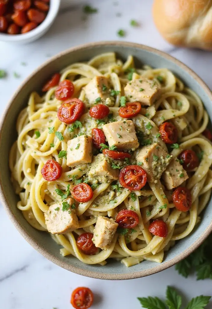 30 Creamy Pesto Chicken Pasta Recipes That Feel Fresh & Filling 6 30 Creamy Pesto Chicken Pasta Recipes That Feel Fresh & Filling - 5. Sun-Dried Tomato Creamy Pesto Chicken Pasta