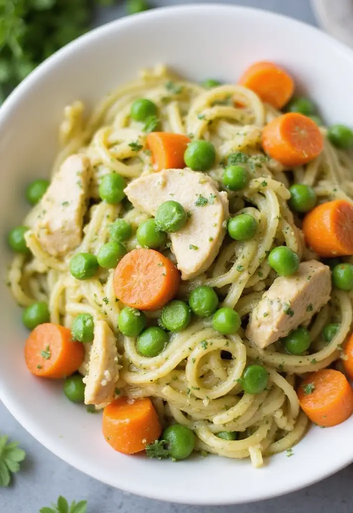 30 Creamy Pesto Chicken Pasta Recipes That Feel Fresh & Filling 9 30 Creamy Pesto Chicken Pasta Recipes That Feel Fresh & Filling - 8. Creamy Pesto Chicken Pasta with Peas and Carrots